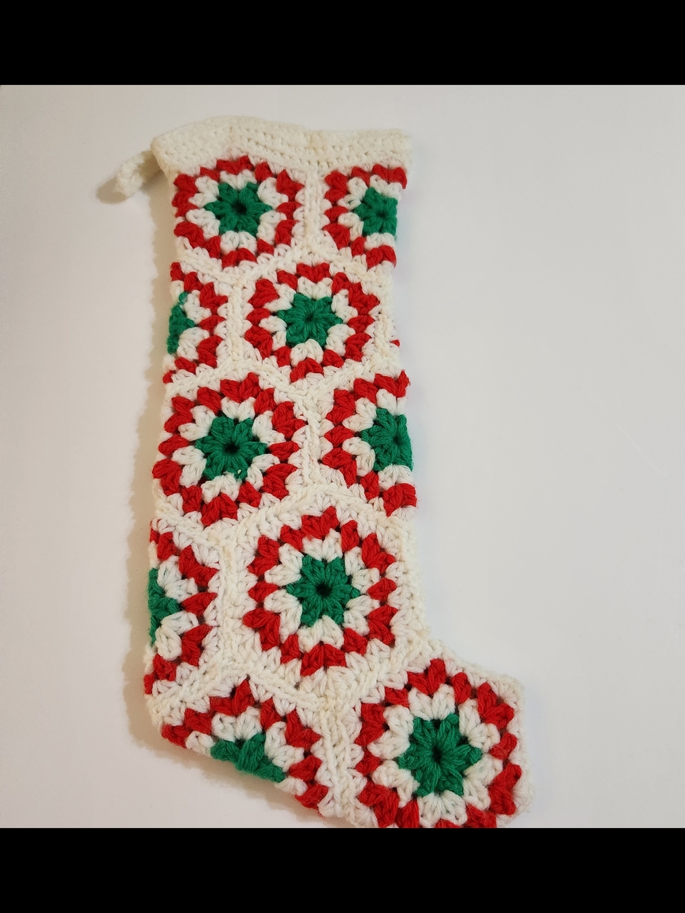 Handmade Crochet Holiday Stocking in White, Red & Green